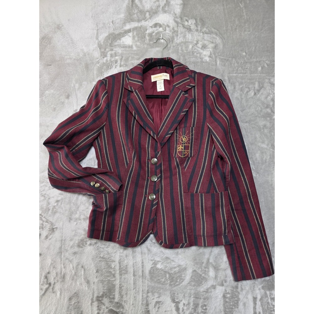 London Jean Chino Blazer Jacket Burgundy Navy Stripe Crest Preppy Womens 10